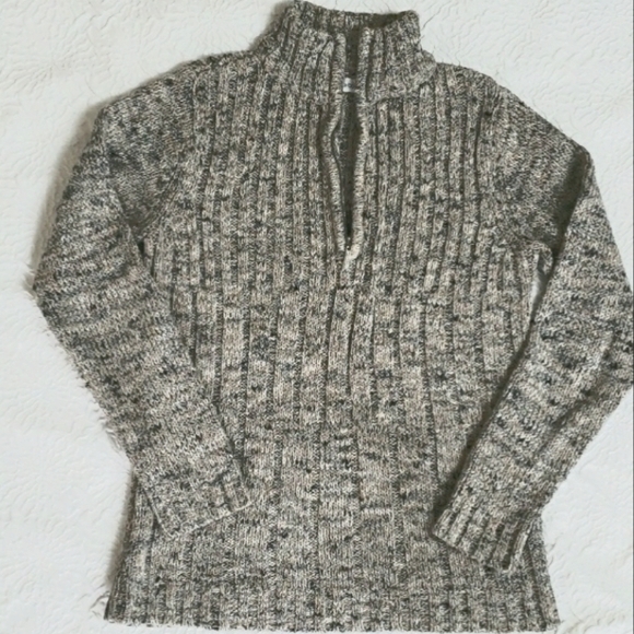Liz Claiborne Ribbed Marbled Tan & Gray Knit 1/4 Zip Sweater, Size M - Picture 8 of 16